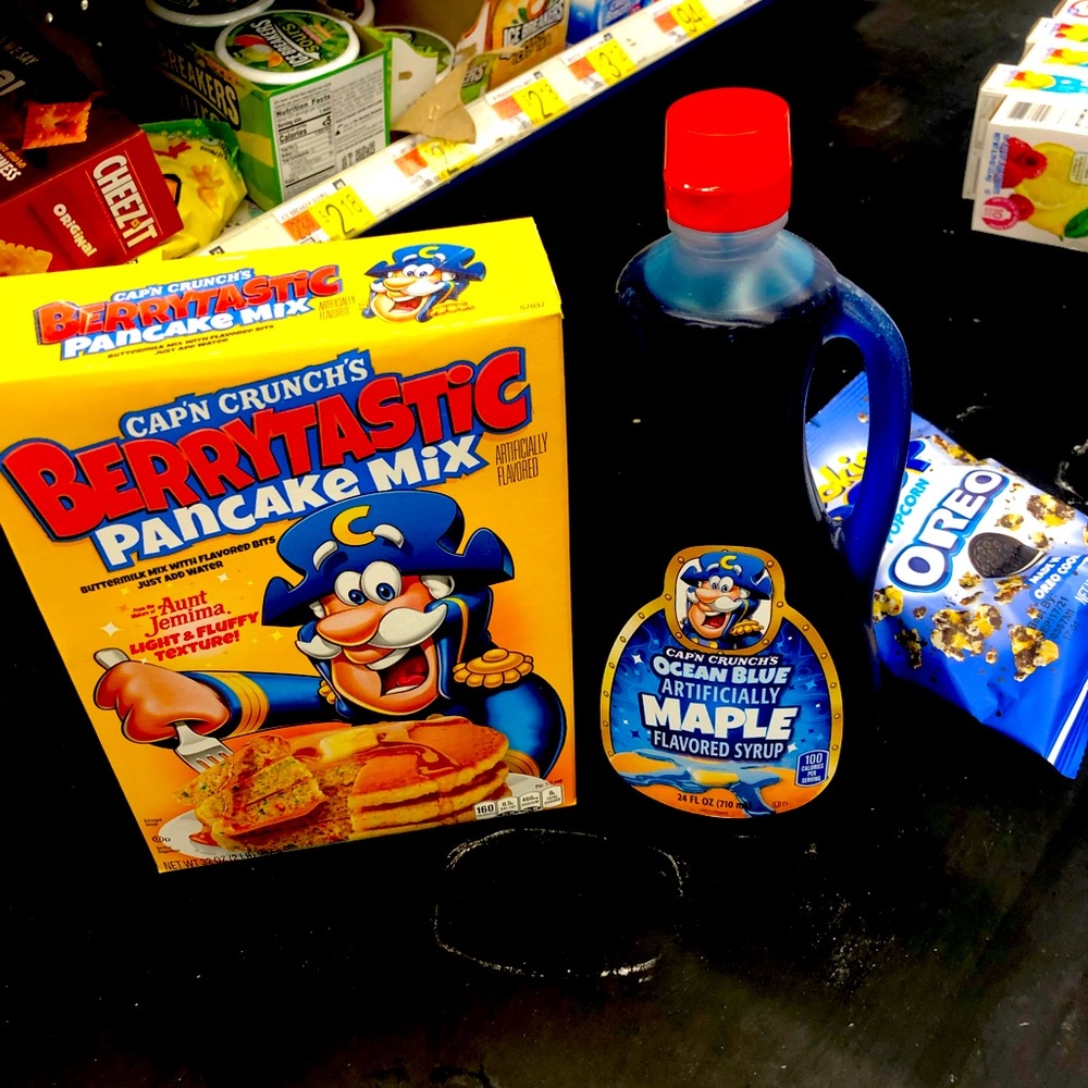 Capn Crunch berry pancake mix and blue syrup